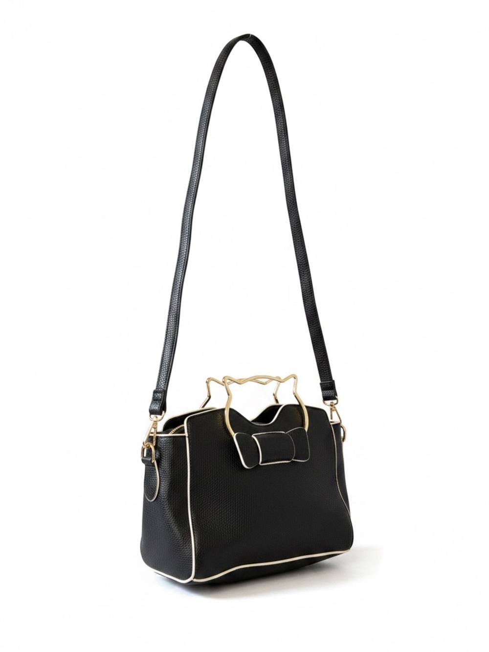 Gold Cat Handle and Black Bow Accent Shoulder Bag